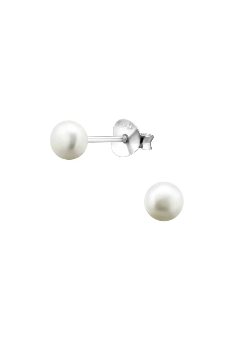 Cercei din Argint 925 cu Perle Naturale albe de 4mm, inchidere tip surub, fluturas