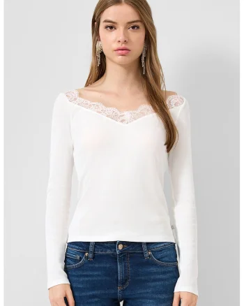 Bluza slim fit cu garnituri de dantela, Alb murdar
