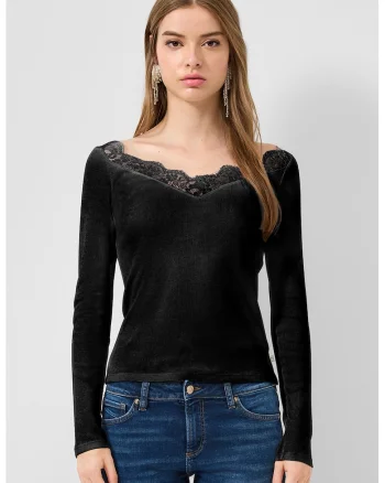 Bluza slim fit cu garnituri de dantela, Negru