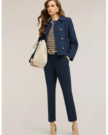 Pantaloni slim fit drepti cu pliuri, Bleumarin