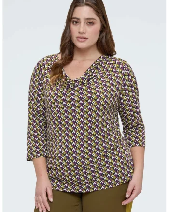 Bluza cu model si decolteu drapat, Alb/Violet