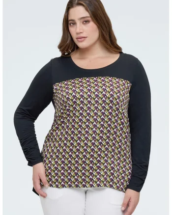 Bluza cu model si decolteu rotund, Violet/Albastru ultramarin