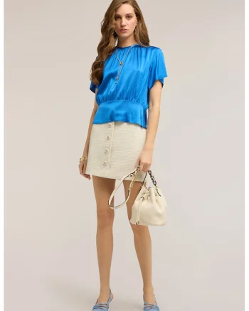 Bluza de satin cu maneci scurte, Albastru