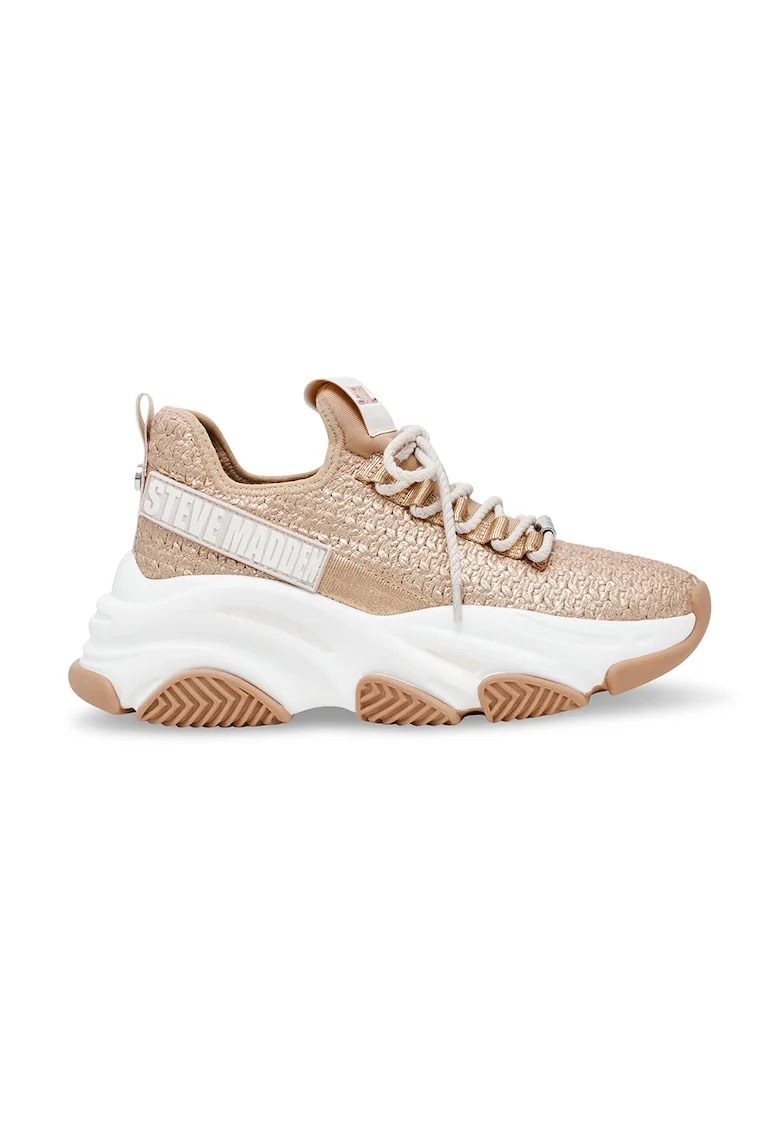 Pantofi sport din material textil cu aspect masiv si talpa wedge Project, Alb/Maro camel
