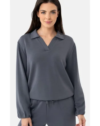 Bluza de trening dama cu guler, decolteu in V, uni, Regular Fit,  B-Nalia, grafit, Gri grafit
