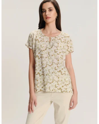 Bluza cu maneci scurte si model, Bej/Galben inchis