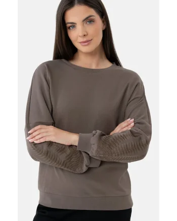 Bluza de trening cu maneci si model floral, Comfort Fit,  B-Sepia, maro, Maro