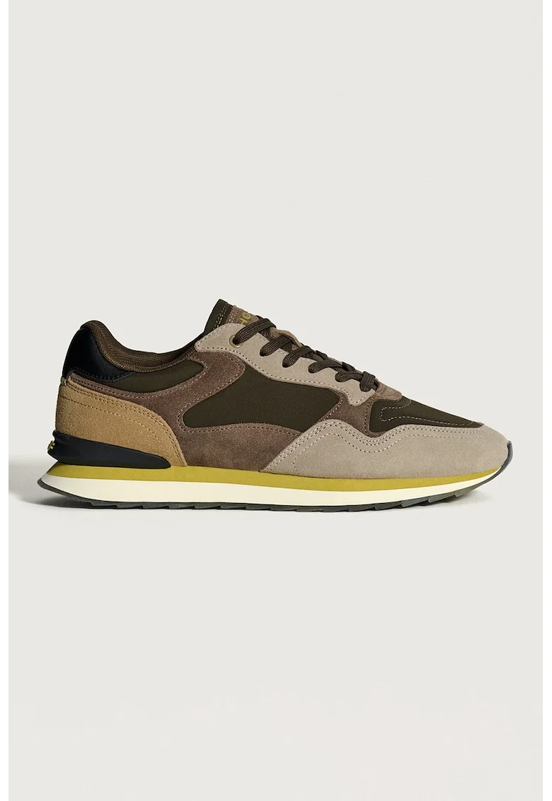 Pantofi sport de piele cu insertii de plasa, Maro/Bej/Verde masliniu