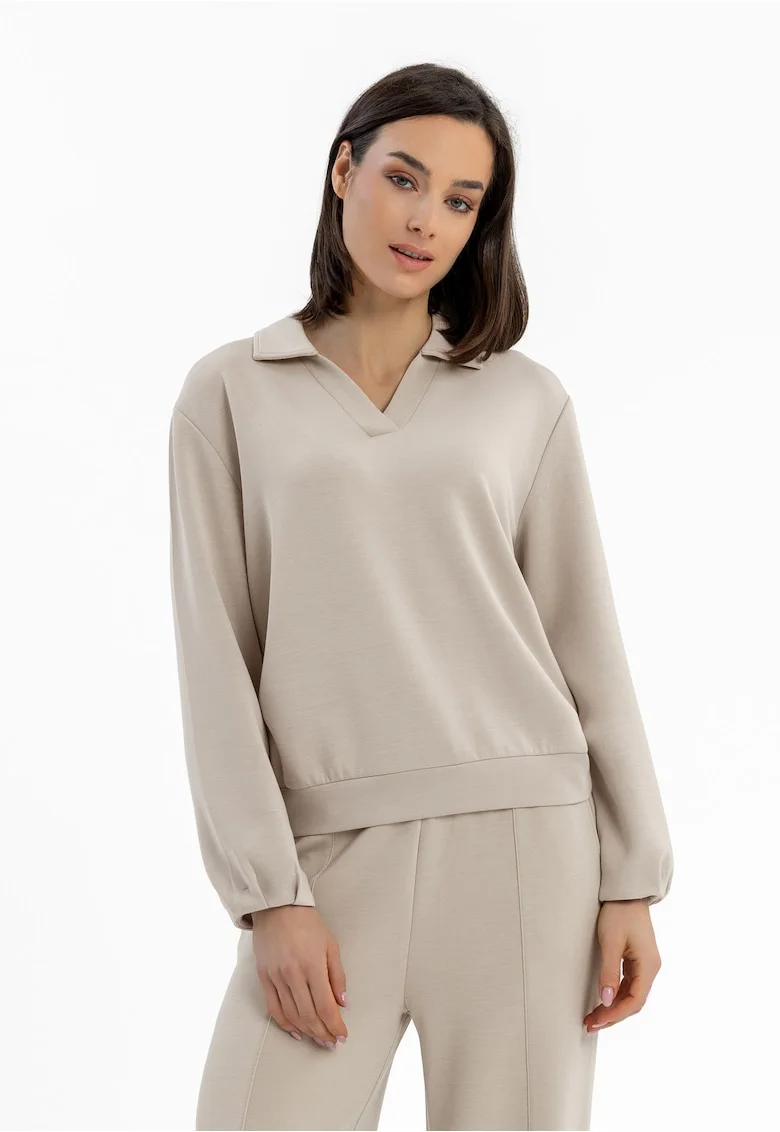 Bluza de trening dama cu guler, decolteu in V, uni, Regular Fit,  B-Nalia, bej, Bej
