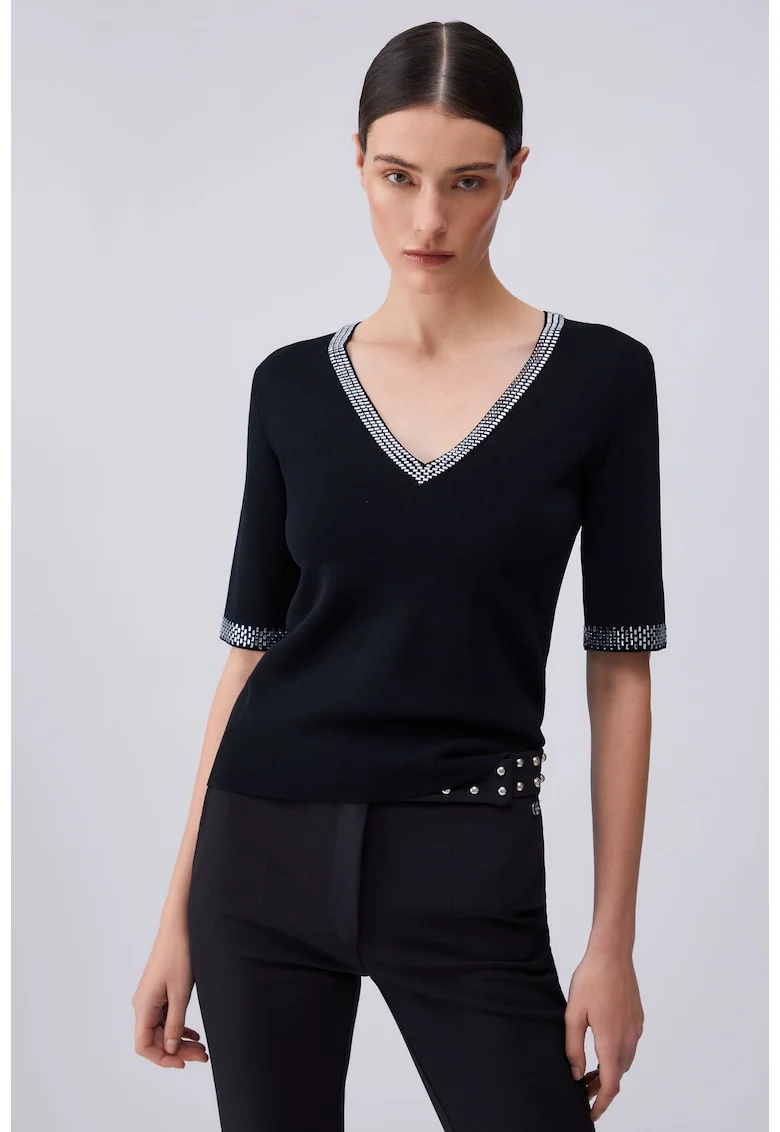Tricou tricotat fin cu margele, Negru