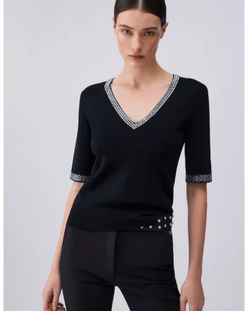 Tricou tricotat fin cu margele, Negru