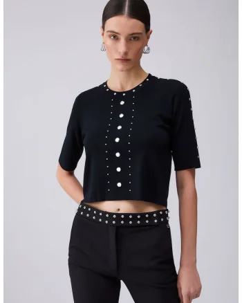 Tricou crop cu aplicatii cu nituri, Negru
