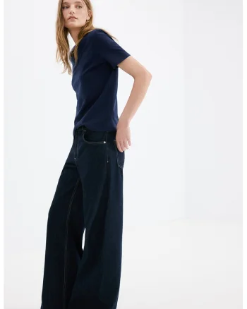 Tricou din bumbac cu decolteu in V, Bleumarin