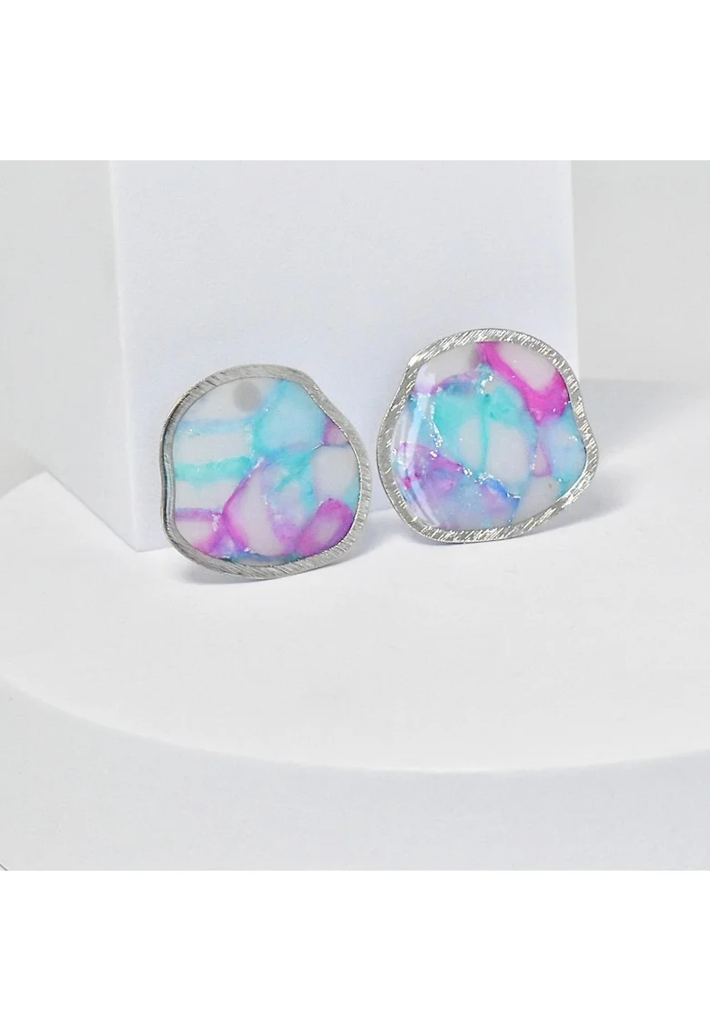 Cercei  din lut polimeric si rasina epoxidica, unici, multicolori, 5x5cm