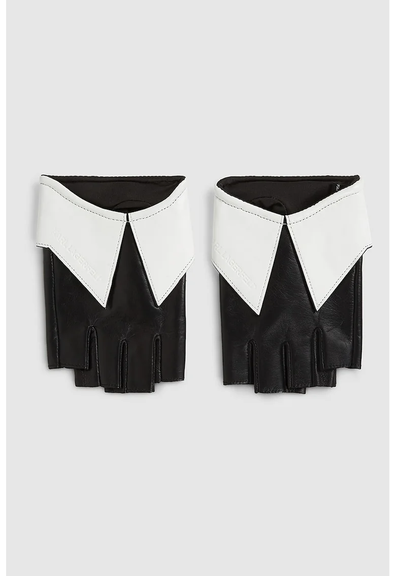 Manusi de piele fara material pe degete, Alb, Negru, Negru stins