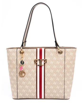 Geanta de piele ecologica cu bareta de umar si model monograma, Rosu, Alb, Crem, 26x31x12