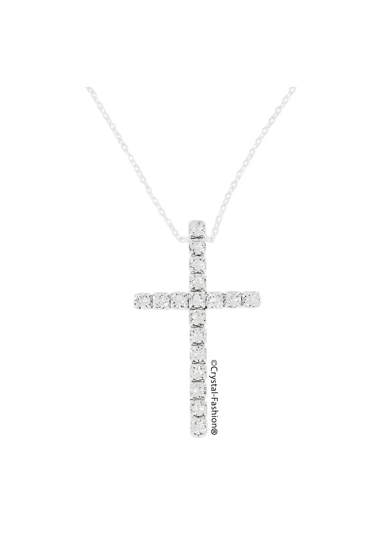 Colier cu cruce, cristale Swarovski®, Mona Cross Crystal Cleardwqf, Argintiu