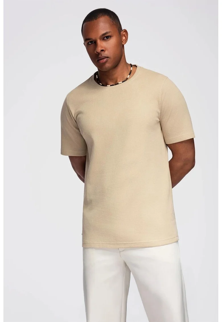 Tricou din bumbac cu decolteu la baza gatului, Maro nisip
