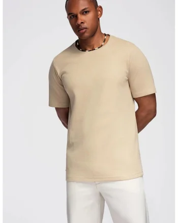Tricou din bumbac cu decolteu la baza gatului, Maro nisip