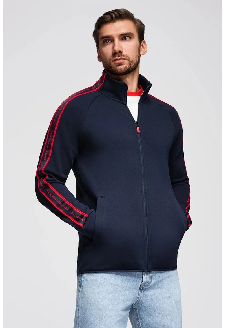 Bluza de trening cu fermoar si buzunare laterale, Rosu/Bleumarin