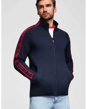 Bluza de trening cu fermoar si buzunare laterale, Rosu/Bleumarin