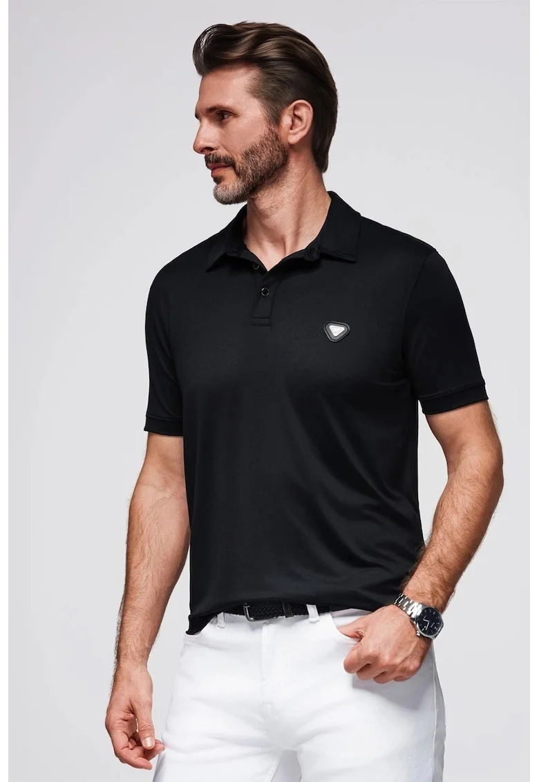 Tricou polo cu fenta cu nasturi, Negru