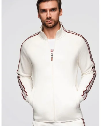 Bluza de trening cu fermoar si buzunare laterale, Rosu/Crem