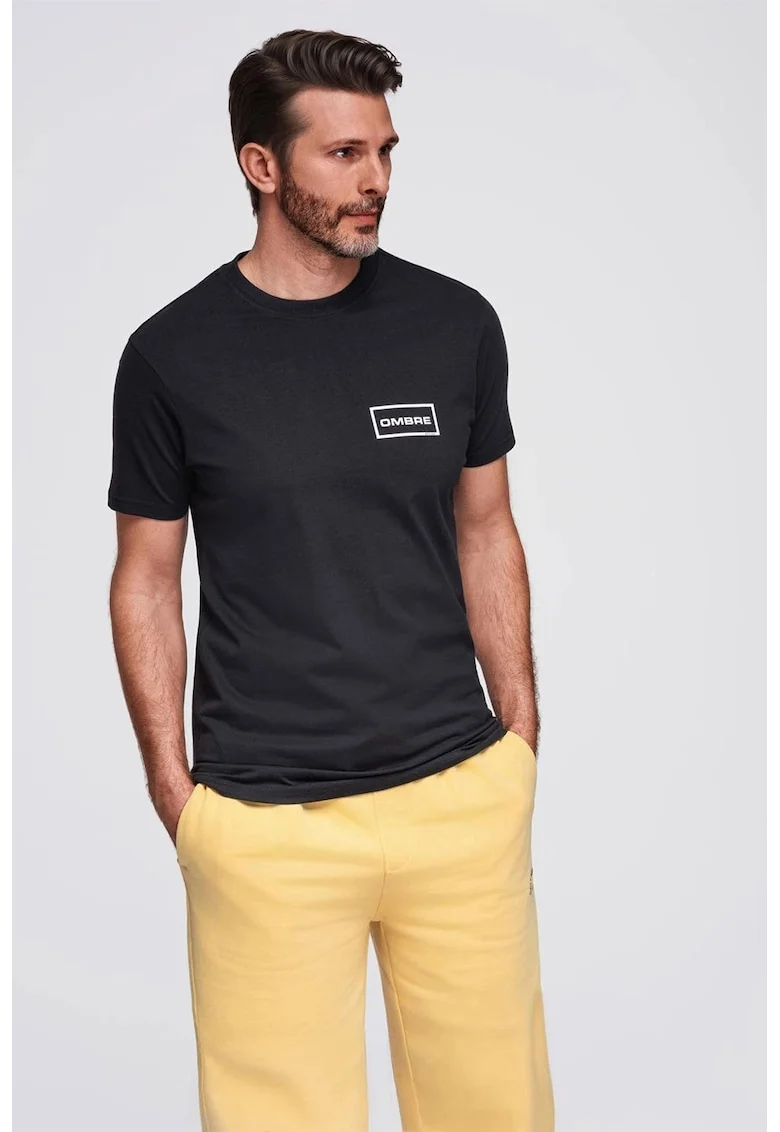 Tricou cu decolteu la baza gatului si detaliu cu logo pe piept, Negru