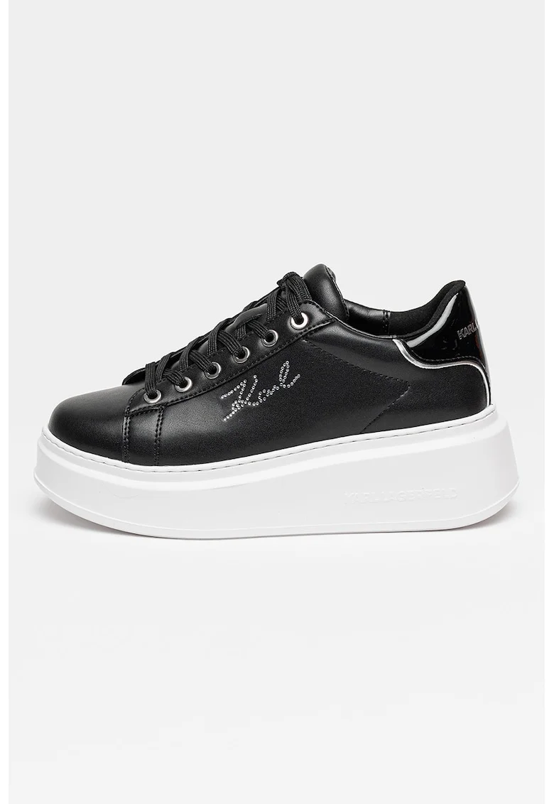 Pantofi sport din piele cu talpa wedge si logo cu strasuri, Negru/Alb optic