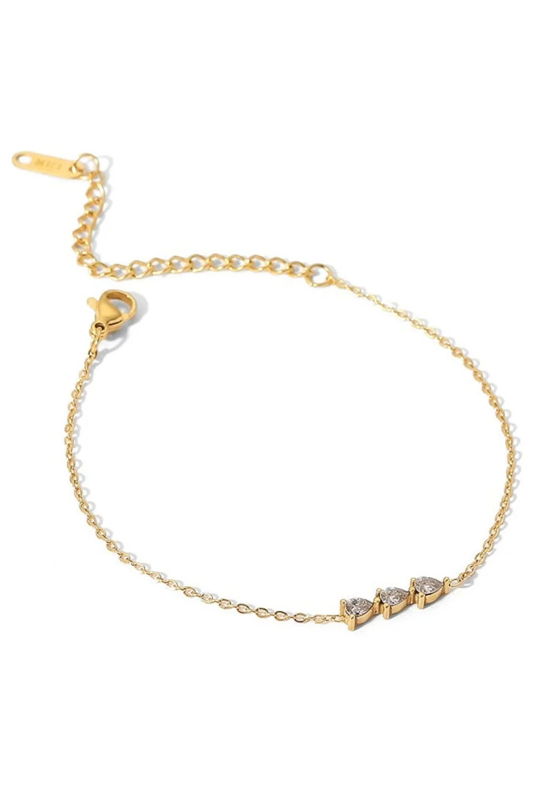 Bratara dama din otel inoxidabil, placata PVD cu aur 18K, cu pandantiv trei picaturi si pietre zirconiu cubic, reglabila 16.5 + 5 cm