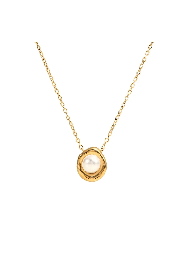 Colier dama Vintage Pearl din otel inoxidabil, placat PVD cu aur 18K, cu pandantiv perla artificiala, lungime 40 + 5 cm