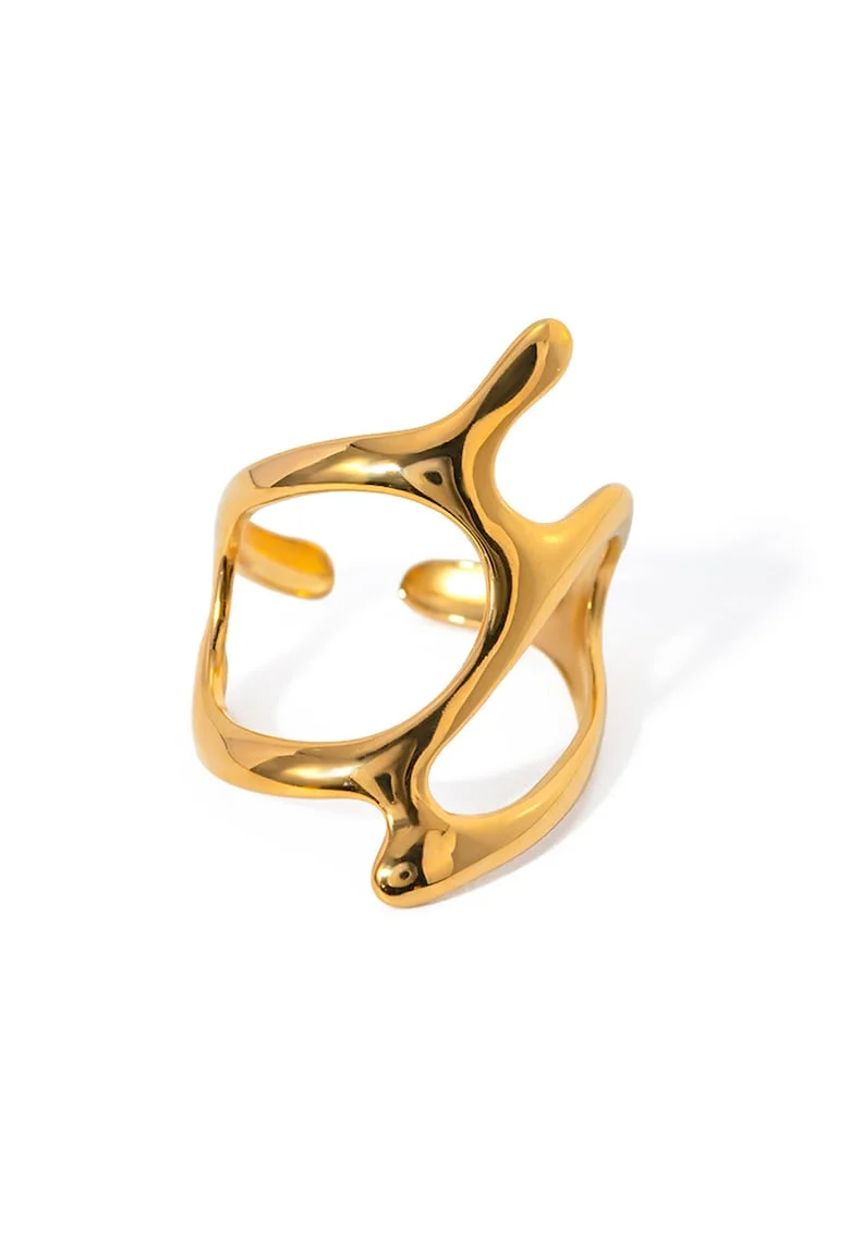Inel minimalist cu design organic din otel inoxidabil, placat cu aur galben 18K, reglabil, diametru interior 1.72 cm