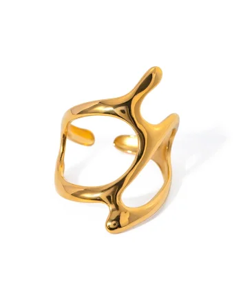 Inel minimalist cu design organic din otel inoxidabil, placat cu aur galben 18K, reglabil, diametru interior 1.72 cm