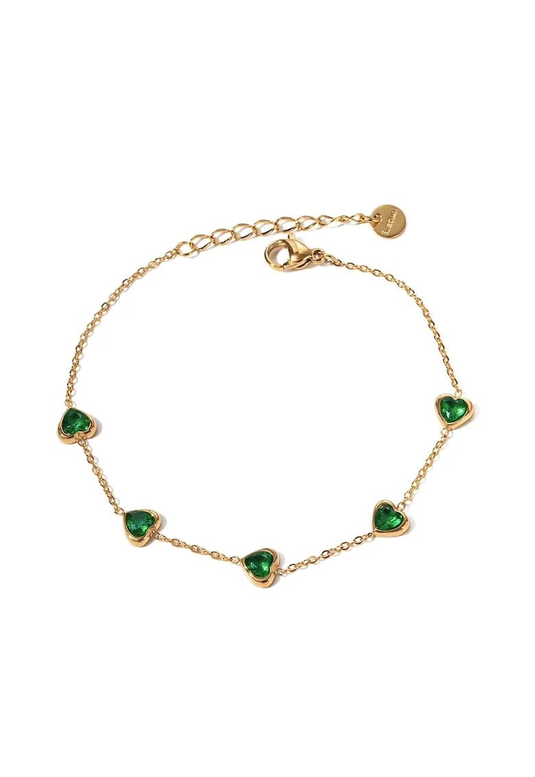 Bratara dama din otel inoxidabil, placata PVD cu aur 18K, decorata cu pietre verzi in forma de inima, reglabila 17.5 + 3 cm