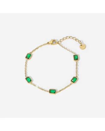Bratara dama din otel inoxidabil, placata PVD cu aur 18K, decorata cu pietre verzi in forma dreptunghiulara, reglabila 17 + 3 cm