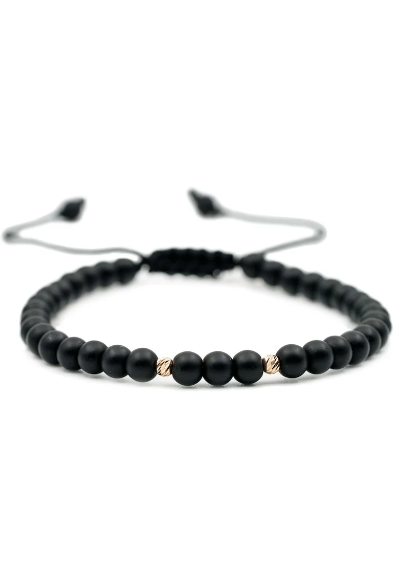 Bratara cu 2 bile de Aur 14k si pietre semipretioase Onix negru mat, Ajustabila