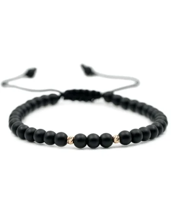 Bratara cu 2 bile de Aur 14k si pietre semipretioase Onix negru mat, Ajustabila
