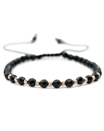 Bratara cu 10 bile de Aur 14k si pietre semipretioase Onix negru fatetat, Ajustabila