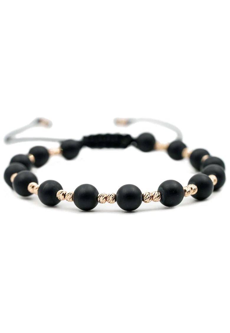 Bratara cu 30 de bile de Aur 14k si pietre semipretioase Onix negru Ajustabila, Negru mat
