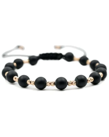 Bratara cu 30 de bile de Aur 14k si pietre semipretioase Onix negru Ajustabila, Negru mat