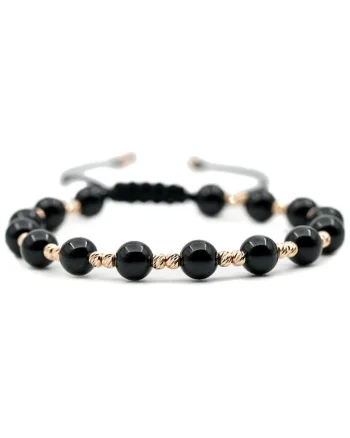 Bratara cu 30 de bile de Aur 14k si pietre semipretioase Onix negru Ajustabila, Negru