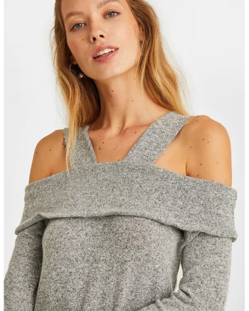 Pulover slim fit cu decupaje pe umeri, Gri inchis melange