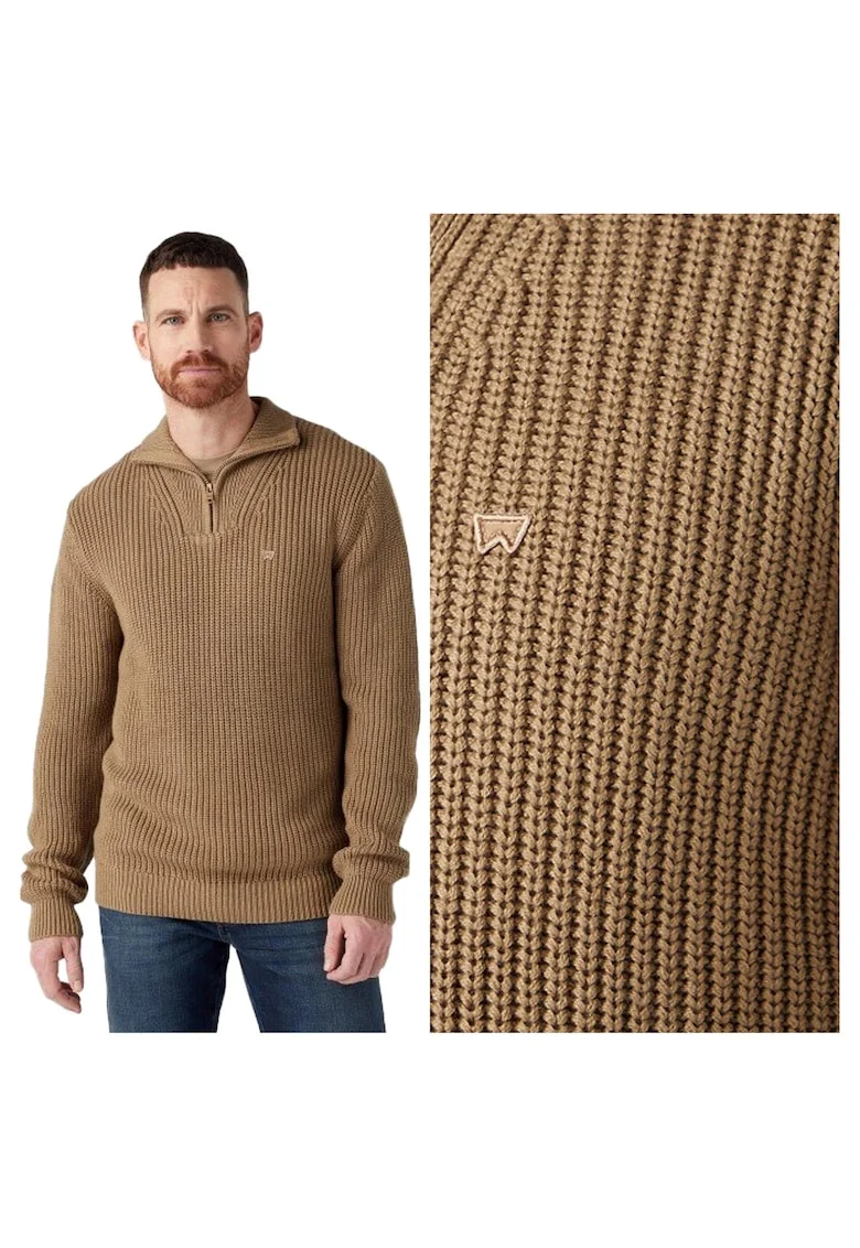 Pulover Barbati,  Half Zip Knit, Regular Fit, Maneci Lungi, Guler Inalt, Design Simplu, Bumbac, Bej, Bej