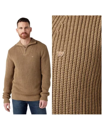 Pulover Barbati,  Half Zip Knit, Regular Fit, Maneci Lungi, Guler Inalt, Design Simplu, Bumbac, Bej, Bej