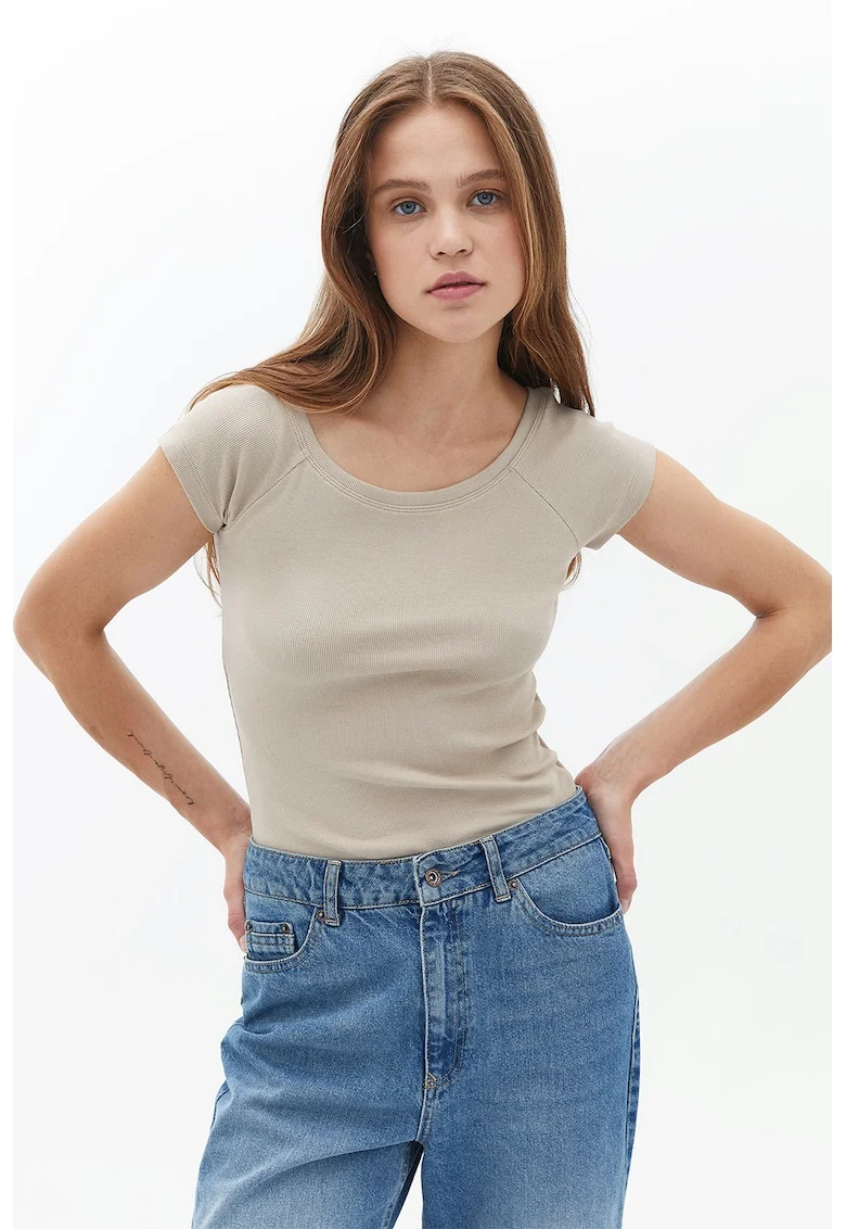 Tricou striat cu croiala slim-fit si maneci raglan, Bej deschis