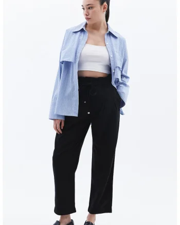 Pantaloni relaxed fit din amestec de lyocell cu snur de ajustare in talie, Negru