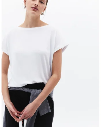 Tricou cu model uni si decolteu barcuta, Alb