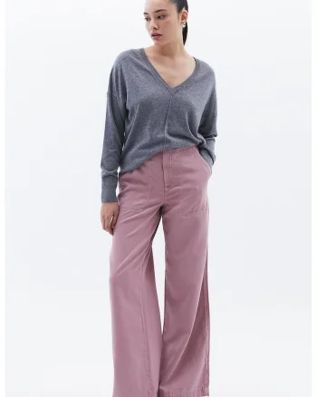 Pantaloni din amestec de lyocell cu croiala ampla si talie inalta, Roz prafuit