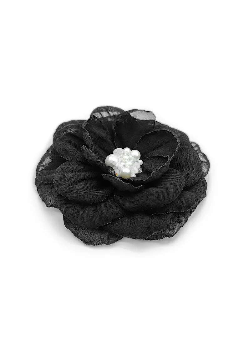 Brosa eleganta floare,  Karina, voal negru, 8.5 cm, mijloc alb cu perle si cristale