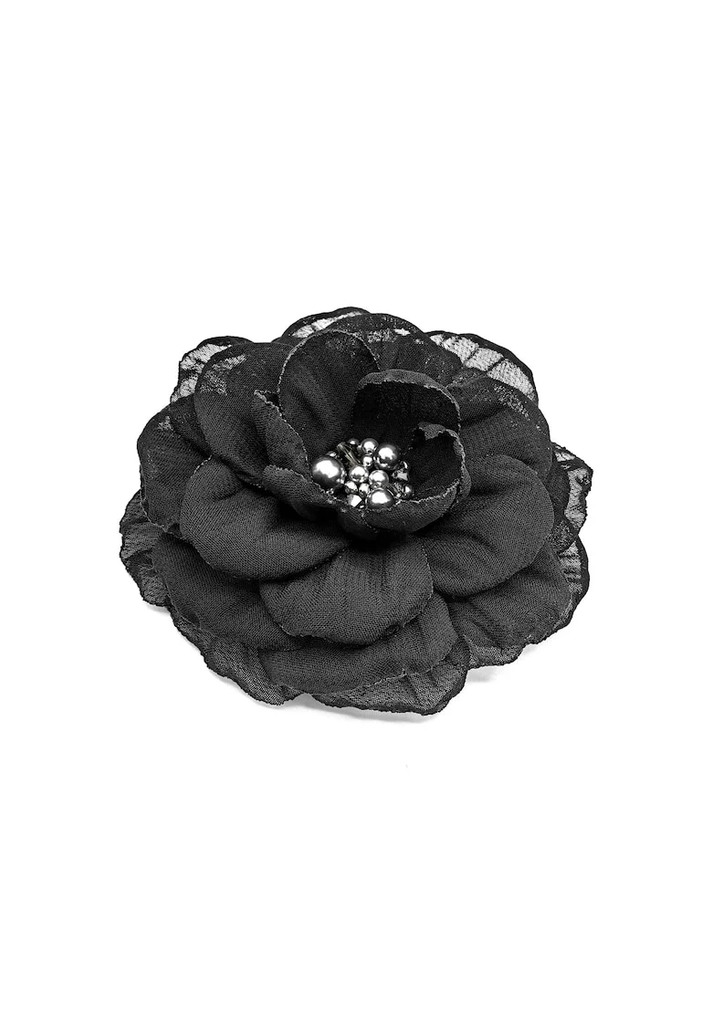 Brosa eleganta floare,  Sonia, voal negru, 8.5 cm, mijloc argintiu cu perle si cristale